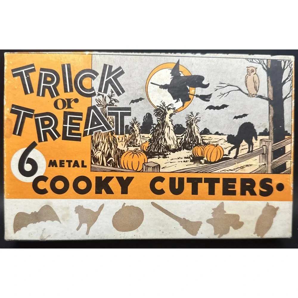 Vintage Trick or Treat Set of 6 Metal Halloween Cooky Cookie Cutters with Box